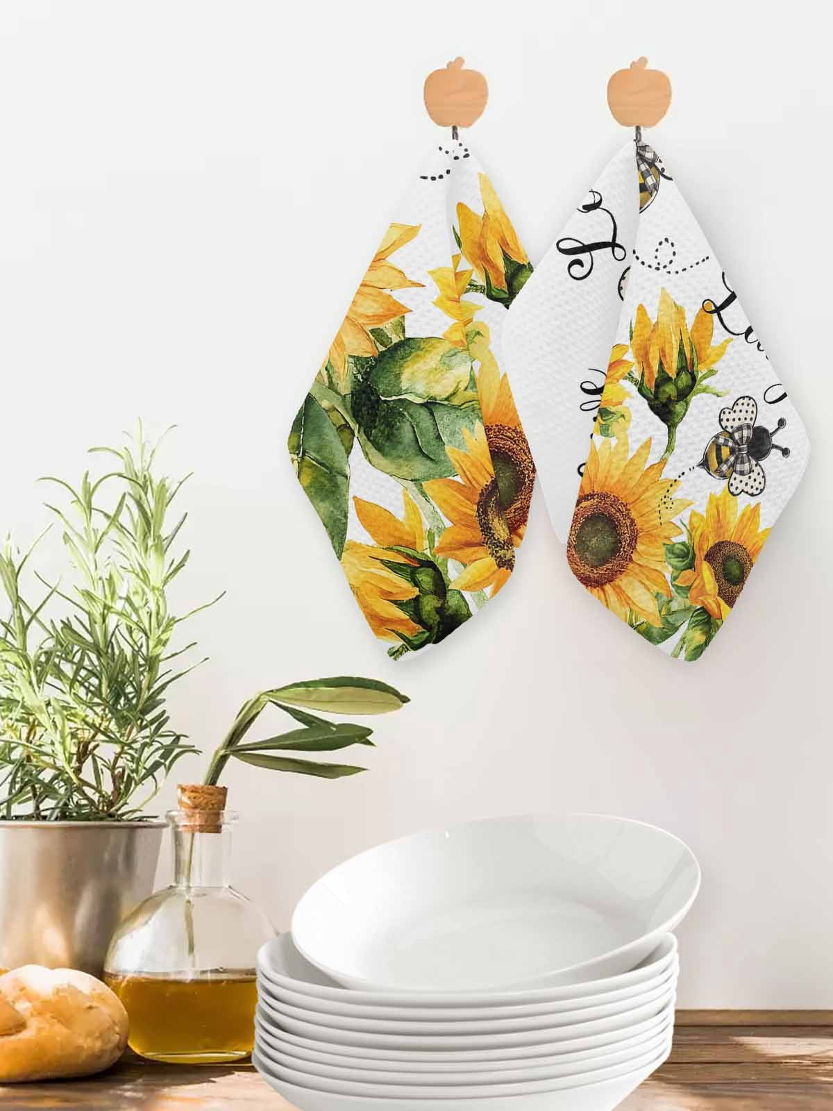 Sunflower Bee Kitchen Dish Towels for Drying Dishes Set of 3, Vintage Yellow Floral Farmhouse Watercolor Waffle Weave Microfiber Hand Tea Bathroom Towels Quick Dry & Absorbent Towel 12x12
