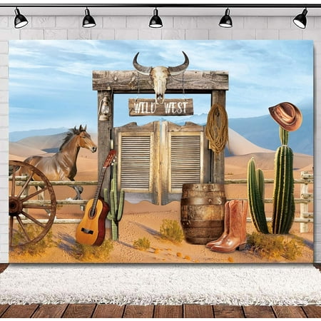 Western Cowboy Backdrop Wild West Desert Horse Rustic Wood Barn Cactus Boots Hat Retro Scenery Vintage Country Nature Decorations Photography Background Banner Photo Booth Studio