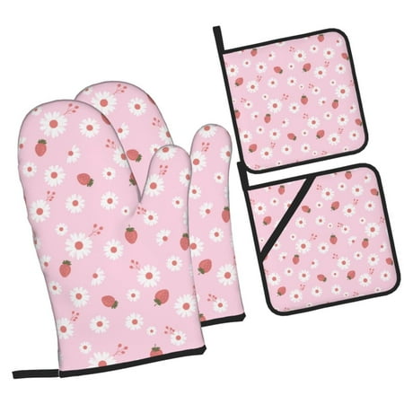 

Balery Hand Drawn Strawberry Pattern Oven Mitts and Pot Holders 4 pcs Set Kitchen Oven Glove High Heat Resistant 500℉ Oven Mitts with Non-Slip Silicone Surface