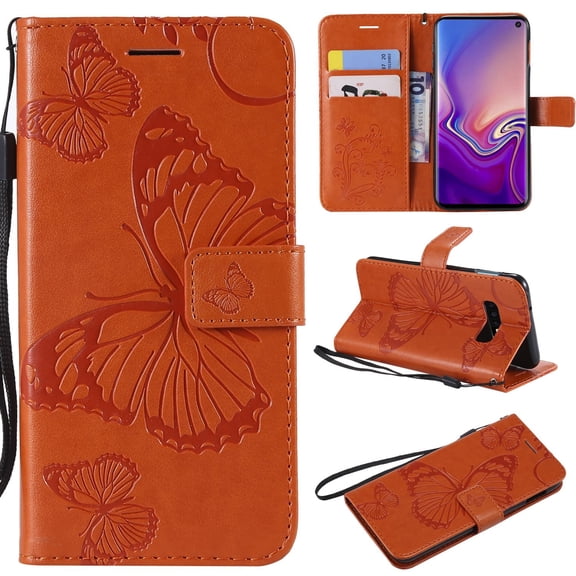 S10e Case, Samsung Galaxy S10e Case - Allytech Premium Wallet PU Leather with Fashion Embossed Floral Butterfly Magnetic Clasp Card Holders Flip Cover with Hand Strap, Orange