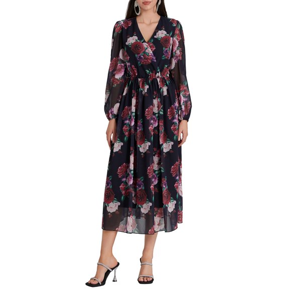 Michellecmm Women Long Dress Floral Print Tighten Waist V-Neck Long Sleeve Flowy Summer Dresses