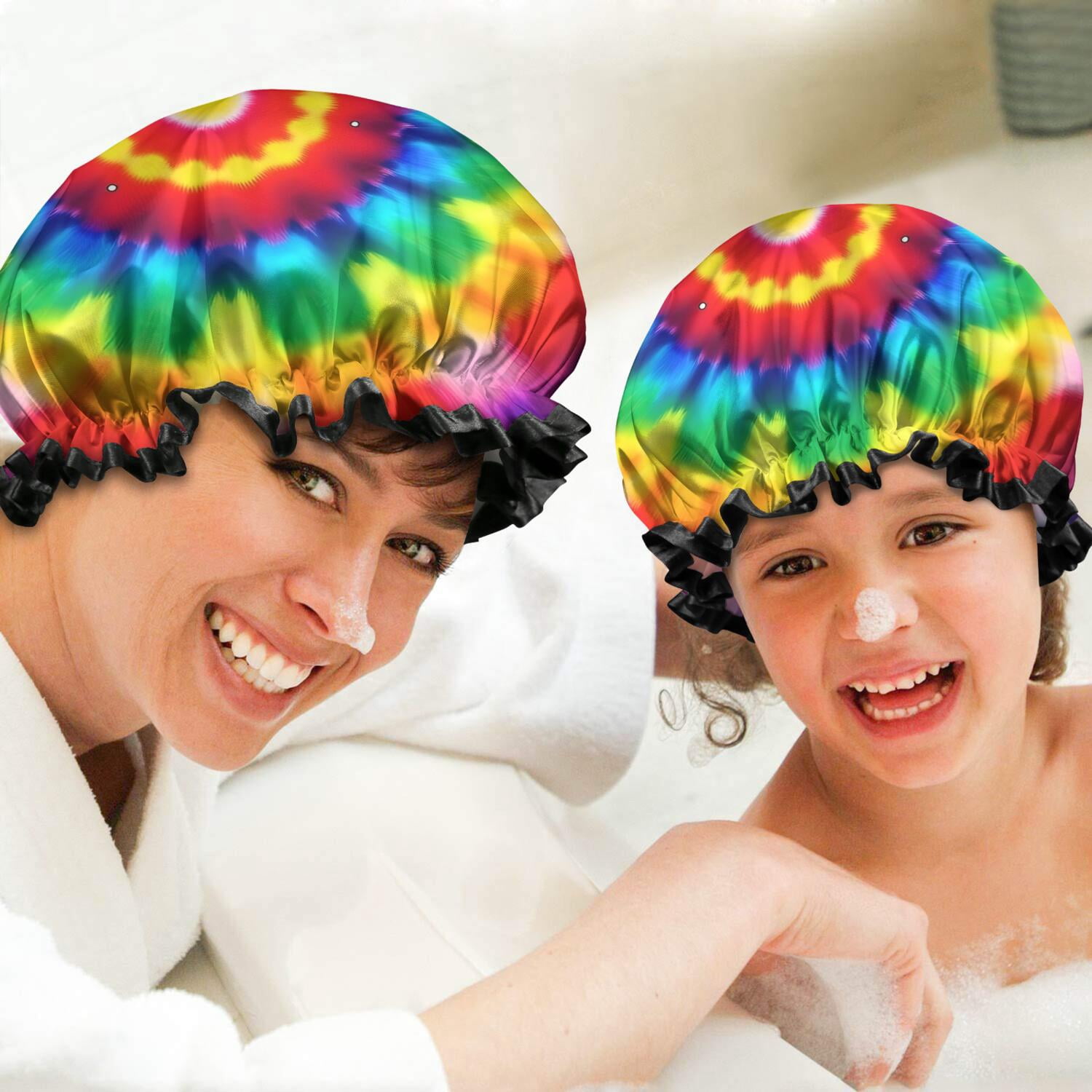 Shower Caps,Rainbow Tie Dye Circular Pattern Waterproof Shower Cap for Women 4 Pieces,Double Reusable Hair Cover for Shower PEVA Elastic Stretch Hem