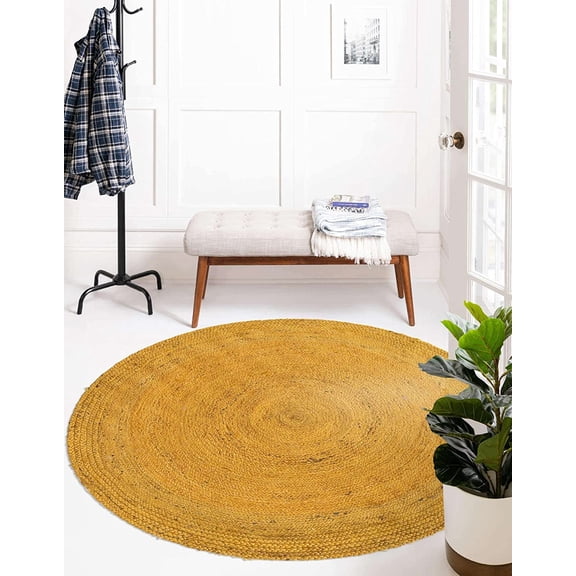 Yellow Dye Natural Jute Hand Made Round Living Room, Dining Room, Kitchen Farm House Area Rug Carpet Doormat 7" Feet (84 inch)