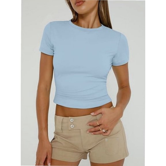 Womens Basic Short Sleeve Slim Fit T Shirts Soft Crewneck Crop Tee Summer Cute Gym Fashion Clothes