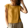 thumbnail image 3 of VBVC Women's Linen Blend Cap Sleeve Top , Ladies' Crew Neck Button Back Blouse , Loose Fit Summer Shirt For Women,Yellow,S-2XL, 3 of 10
