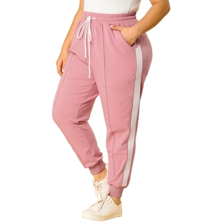 Women's Plus Size Sweatpants Elastic Waist Contrast Color Pants 3X Pink ...