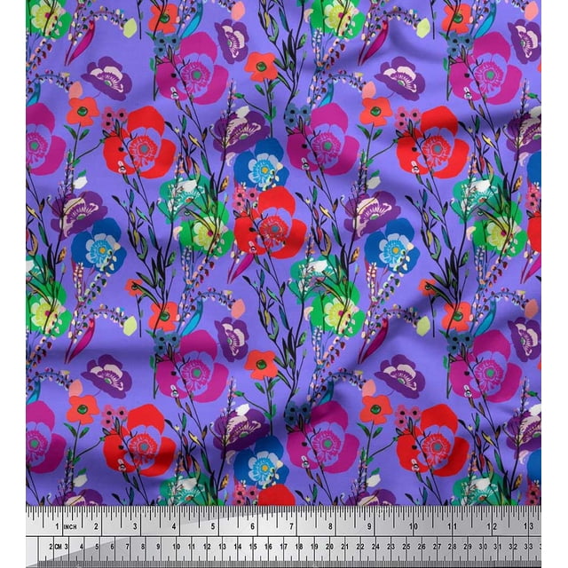 Soimoi Rayon Fabric Leaves & Poppy Floral Printed Fabric 1 Yard 56 Inch Wide