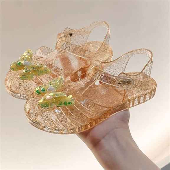 Avrnliq Girls Gold Glitter Jelly Sandals 3D Butterfly Waterproof Summer Beach Pool Shoes for Kids & Little Kids,Size 33