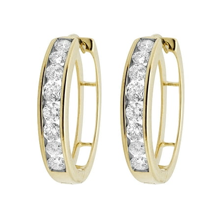 - 10K Yellow Gold Real Diamonds Channel Hoop Earrings 1.0ct