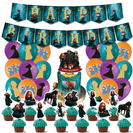 32 Pcs For Merida Theme Birthday Party Decoration Set - Includes Happy Birthday Banner, Cake Topper, Cupcake Toppers, and Balloons for Kids’ Celebrations