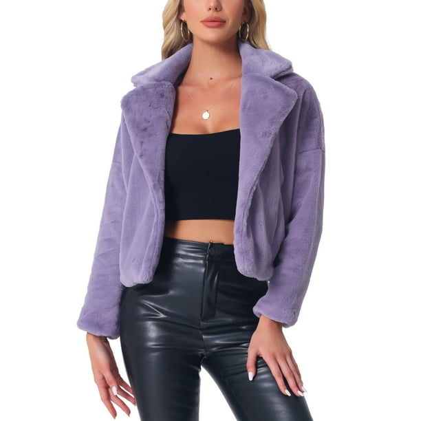 Chaqueta corta de pelaje sintético suave de manga larga con cuello de muesca para mujer Inspire Chic en gris púrpura