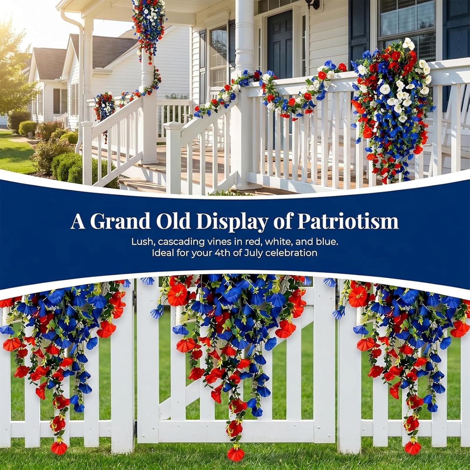 4th of July Decoration Tricolor Patriotic Artificial Flower, Fake Flowers Vine Decor for Patriotic Porch Outdoor