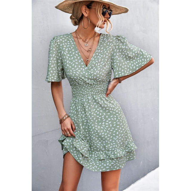 Femmes Dot Robe Motif V-Cou Manches Robe Casual Rue Sexy Style Robe Taille Enveloppe Robe Femmes Robe d'Été