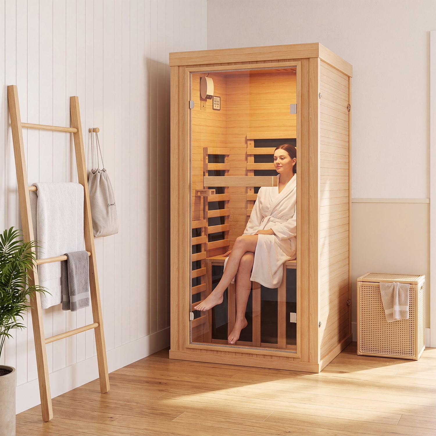 BaPiPro Infrared Sauna, 1-Person Home Far Wood Sauna with Whole Glass, Canadian Hemlock Dry Sauna Spa Room with Low EMF Carbon Fiber Panels, Indoor Sauna with LED Light & Bluetooth Speaker