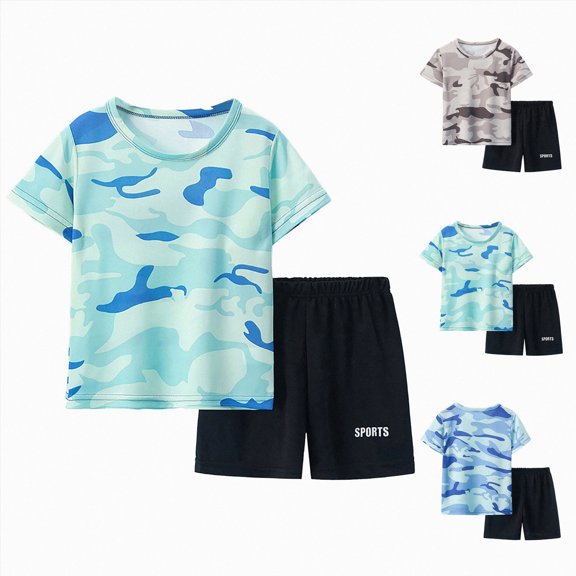 Gubotare Boys Clothes Camouflage Short Sleeve T-shirt and Shorts Sets Kids Clothes Boys Summer Outfits for 5-12 Years Blue,Size 5-6 Years