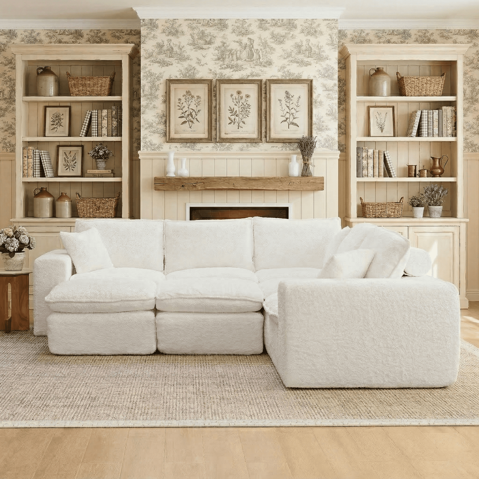 Dreamzie 107" Sectional Sofa,L-shaped Sectional Sofa Comfy Cloud Couch with Pillows, 7 Seater Modular Sectional Sofa, Warm White
