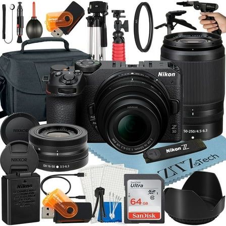 Nikon Z30 Mirrorless Camera Bundle with with NIKKOR 16-50mm   DX 50-250mm Zoom Lens   64GB SanDisk Memory Card   Case   Tripod   ZeeTech Accessory