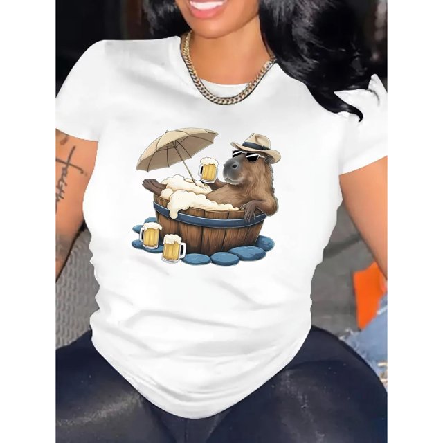 Camiseta De Verano Para Mujer, Cuello Redondo, Para Mochilero, Vacaciones En La CalleCartoon Capybara Print Comfy T-Shirt, Round Neck Short Sleeve Sports Tee, Women's ActivewearFather's Day, Mother'