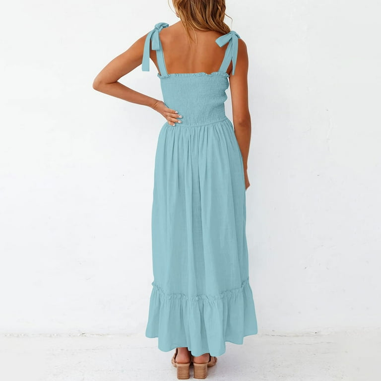 Cagogo Casual Loose Smocked A-Line Flowy Tiered Long Maxi Pleated Sun Dresses for Women Summer Sleeveless Tie Strap Petite Dresses Square Neck