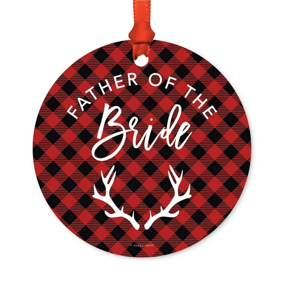 Family Wedding Metal Christmas Ornament, Father of the Bride, Red Plaid, Includes Ribbon and Gift Bag
