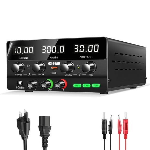 NICE-POWER DC Power Supply Variable 30V 10A 300W Car Battery Charger Battery Charging DC Power Supply Output Switch/OCP OVP Function Quick Charge Port