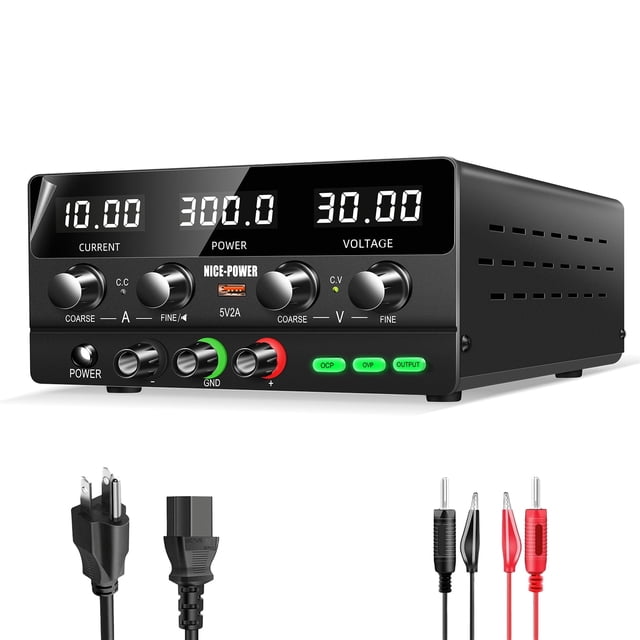 NICE-POWER DC Power Supply Variable 30V 10A 300W Car Battery Charger Battery Charging DC Power Supply Output Switch/OCP OVP Function Quick Charge Port