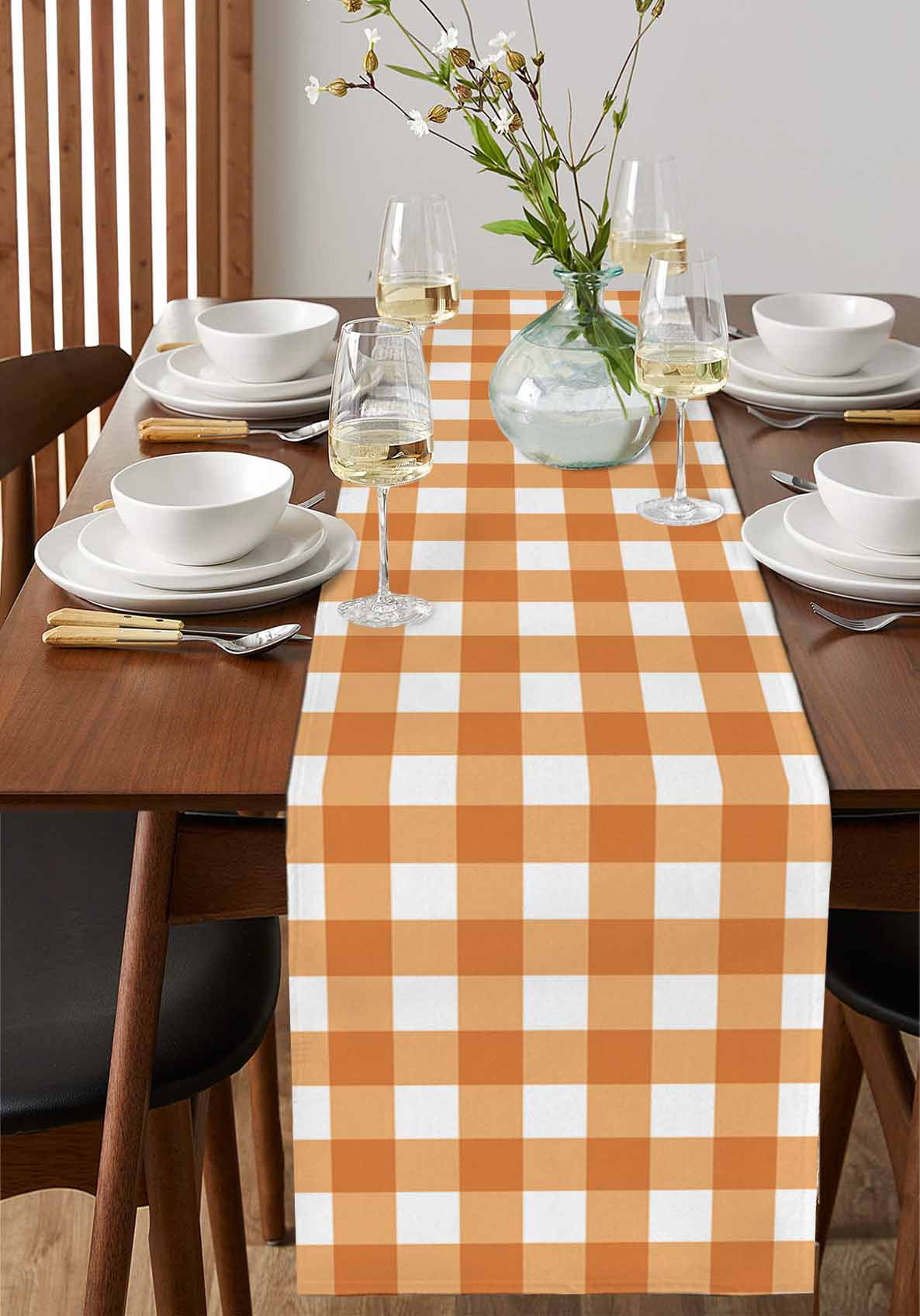 nqOlkjepod Orange Plaid Table Runner 72 Inches Long Farmhouse Dress Scarves, Gradient Geometric Buffalo White Checkered Dining Tablerunner for Coffee Table/Kitchen Island/Party Décor, 13" x 72"