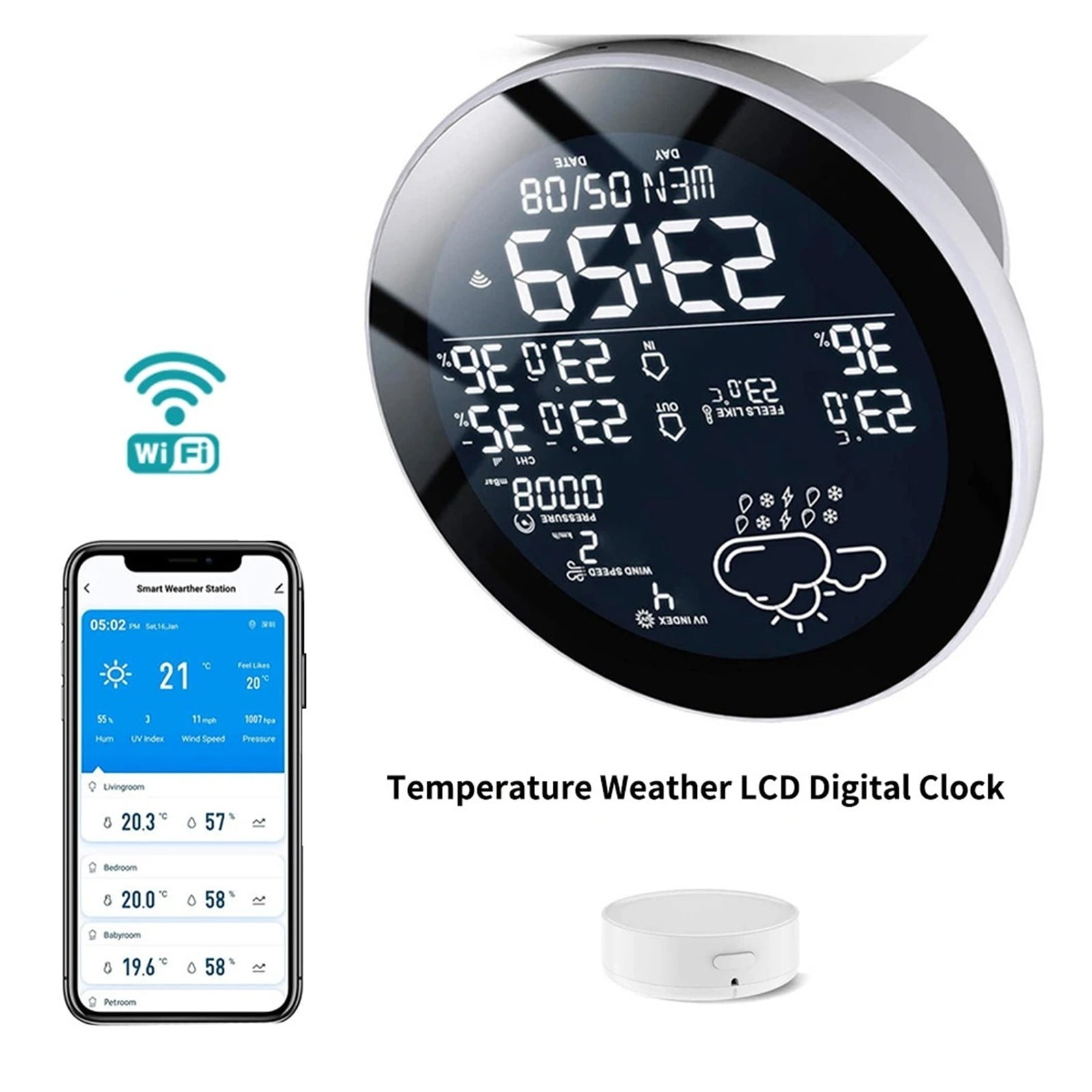 Smart WiFi Weather Station, Indoor and Outdoor Intelligent Thermometer, Wireless Sensor, Hygrometer