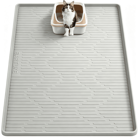 Bartuke Silicone Cat Litter Mat 32"x 22", Extra Large Non-Slip Waterproof Raised Edge Easy Clean, Grey