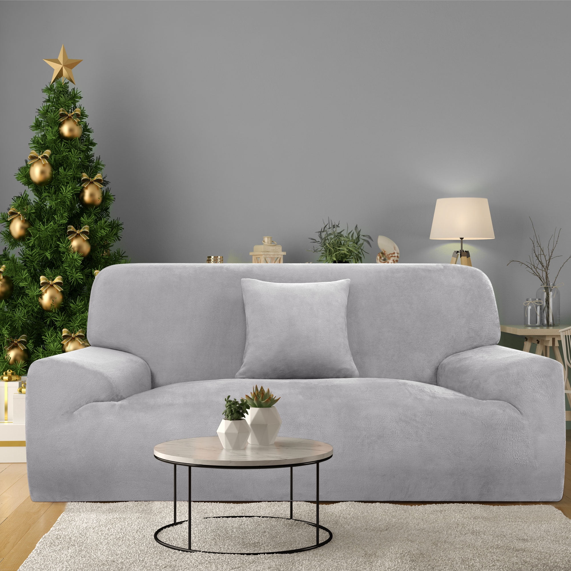PiccoCasa Velvet Plush Stretch Sofa Slipcover with Cushion Cover, Dary Gray Large