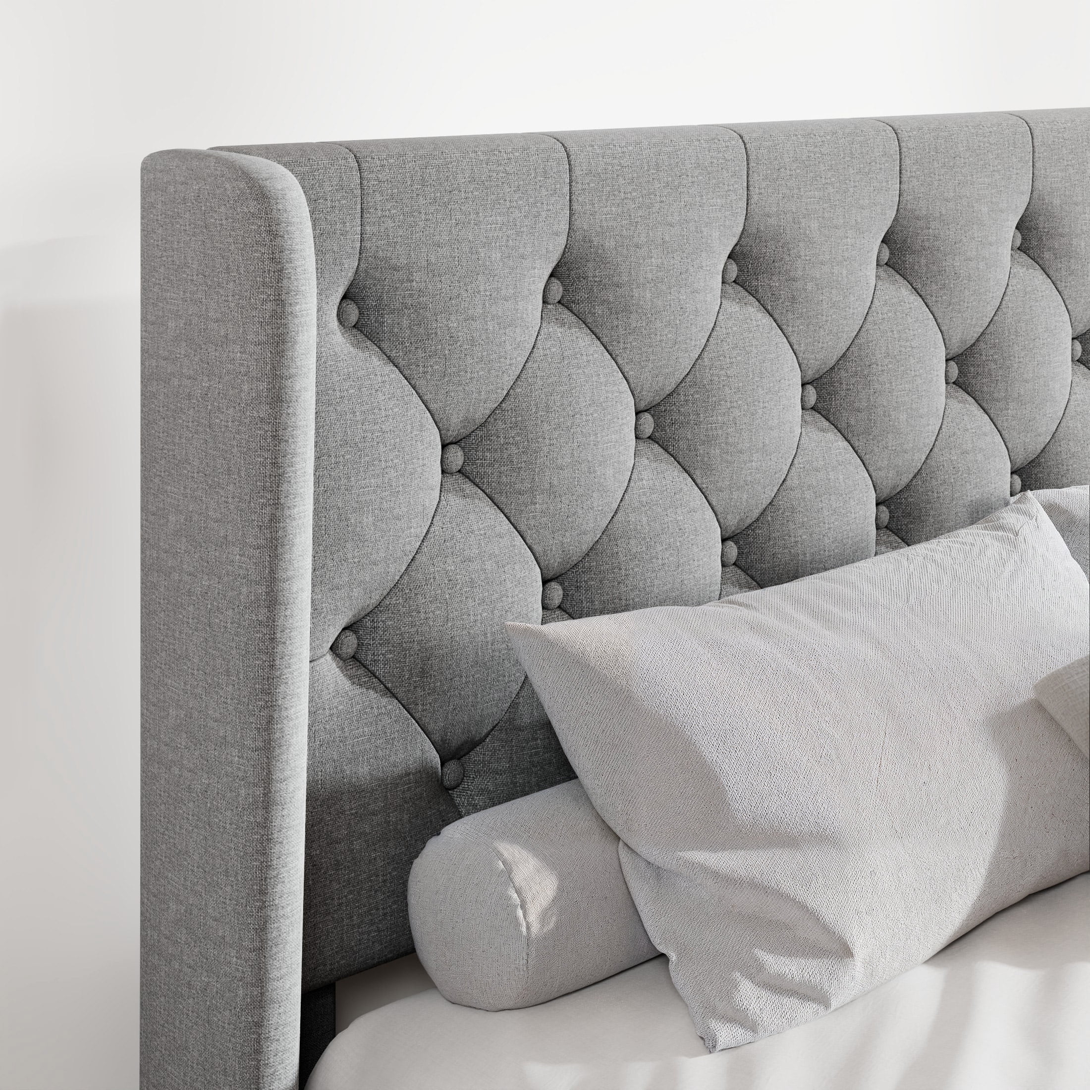 Allewie Queen Size Upholstered Platform Bed Frame with Fabric Wingback Button Tufted Headboard, Light Grey