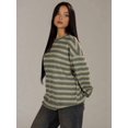 thumbnail image 6 of Women's Striped Sweater Waffle Knit Tops for Women Long Sleeve Shirts Light Weight Fall Tops Green S, 6 of 8