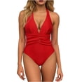 thumbnail image 2 of Mifsaly Tummy Control One Piece Swimsuit Women Deep V Neck Halter Bathing Suit Ruched Front Slim Fit Monokini Elegant Full Coverage Swimwear XL, 2 of 5