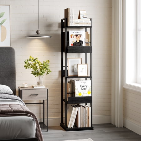 Space-Saving 5-Tier Rotating Corner Bookshelf – Tall Narrow Freestanding Bookcase with Guardrail Industrial Storage Rack for Living Room Bedroom Office Study