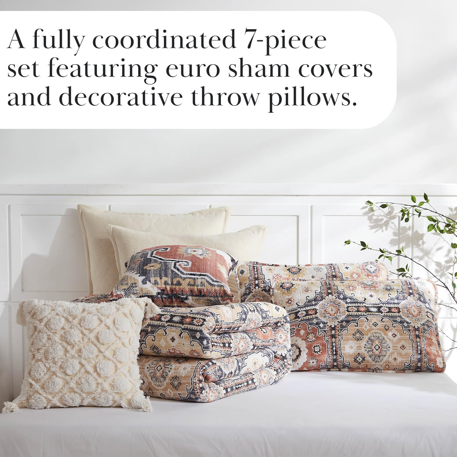 Southshore Fine Living, Inc. Oversized King Quilt Bedding Set 7-Pieces with 2 Pillow Shams, 2 Euro Shams, 2 Throw Pillows, Boho Bedding Set for King and California King Beds, Kilim Natural Tones