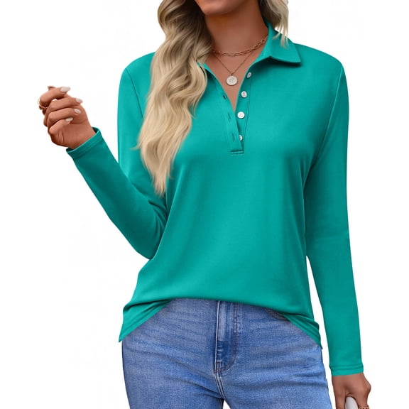 HAJWOH Womens Long Sleeve Polo Shirts Business Work Casual V Neck Collared Tops Button Down Loose Fit Tees Shirts