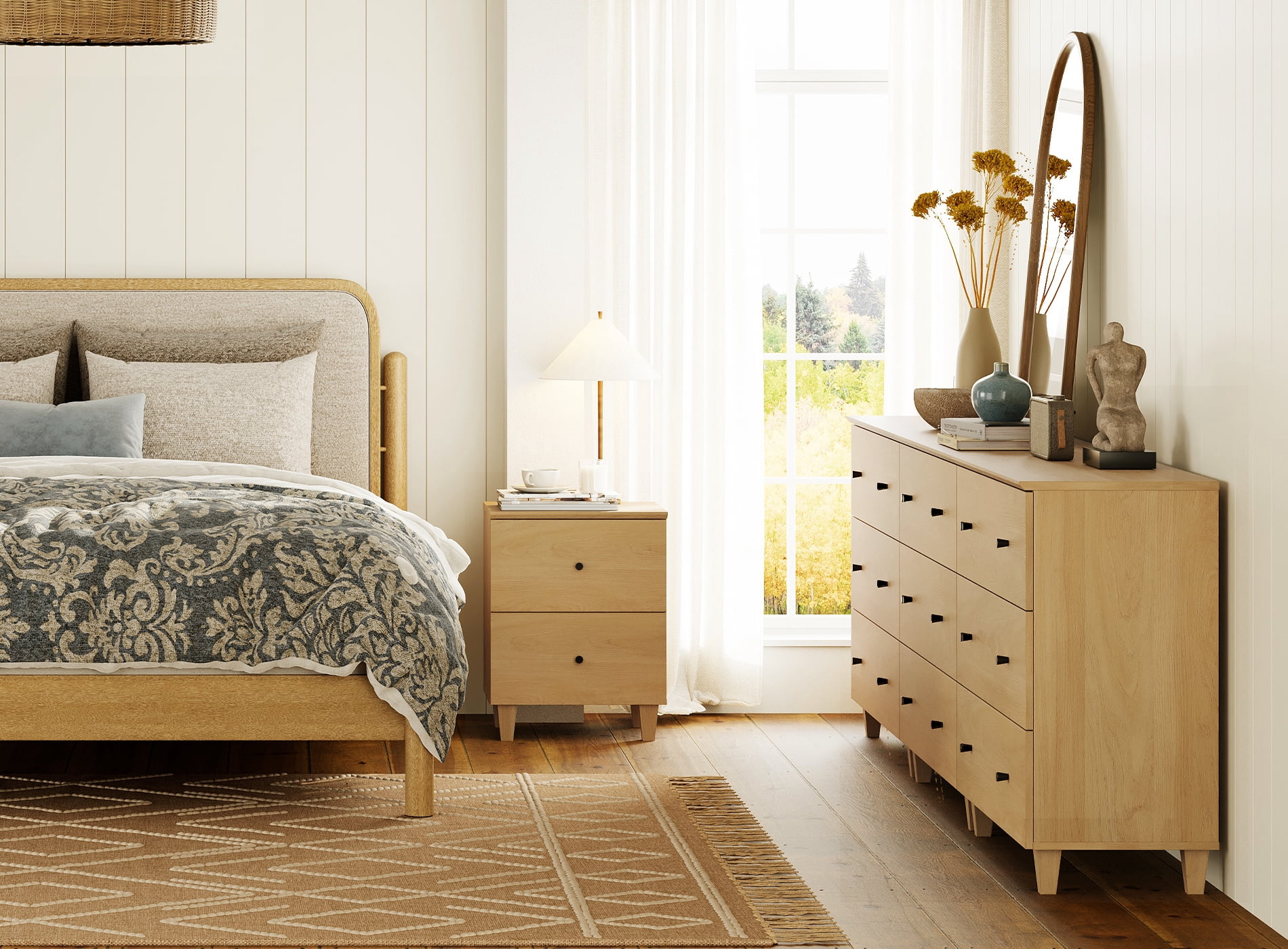 WAMPAT Dresser and Nightstand Set of 4, Wood Dressers with 9 Drawers, Nightstand with Charging Stations for Living Room, Oak Wood