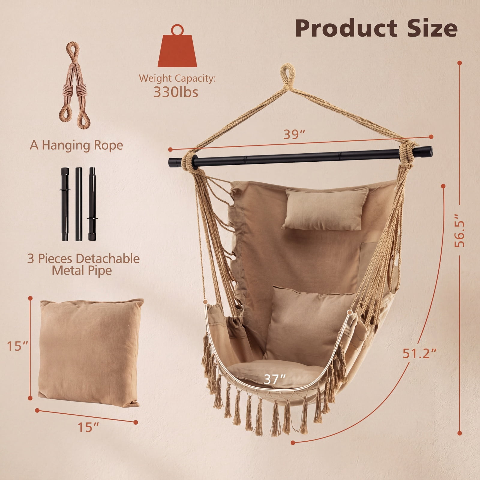 Furnibear Hanging Rope Swing Chair with Soft Pillow Two Removable Cushions Tassel Trim and Side Pocket for Patio Porch and Bedroom, Beige