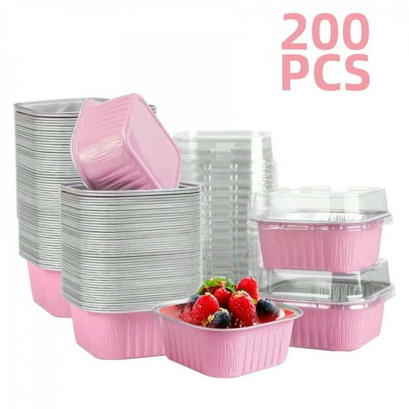 200pcs Baking Cups Aluminum Foil With Lids,5oz Cupcake Mini Cake Pans For Muffins, Desserts, Flans, Pudding&Party Food Display