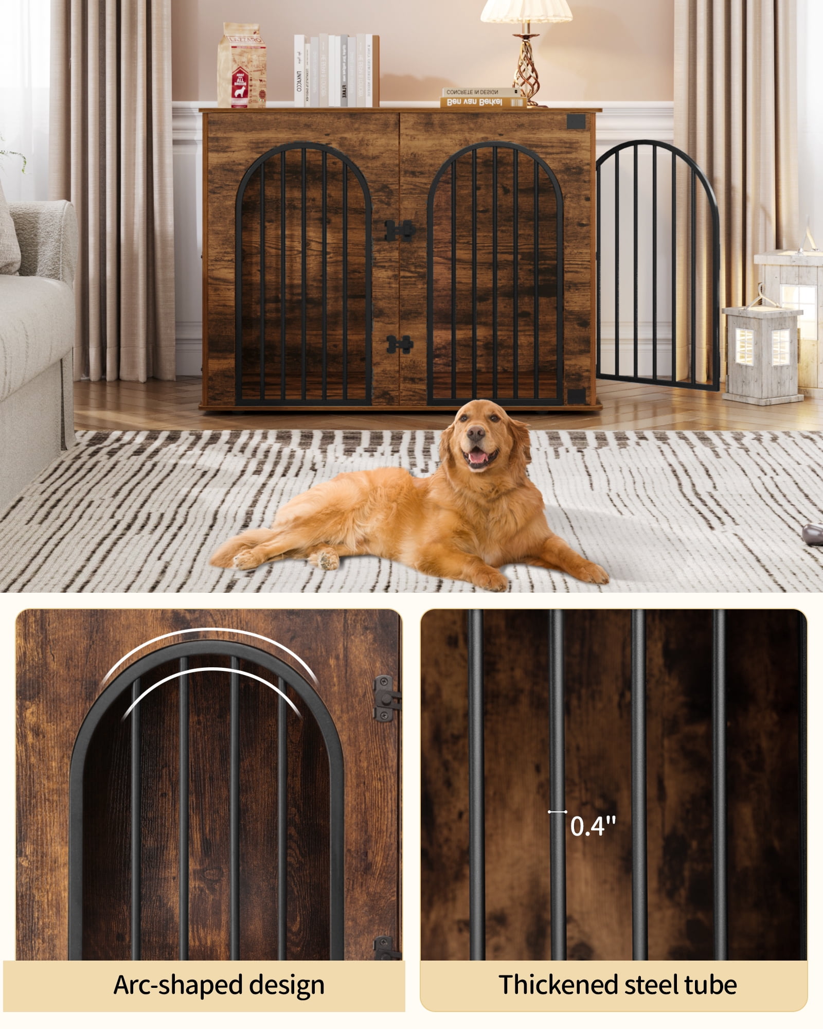 44.1" Dog Crate Furniture, 3 Door Wooden Dog Crate Furniture for Small/Medium/Large Dog,Rustic Brown