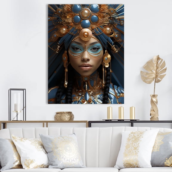 Designart "Portrait of Queen Nefertiti of Egypt in Gold & Black V" Fashion Canvas Wall Art - Glam Gold Woman African American Living Room Canvas Art