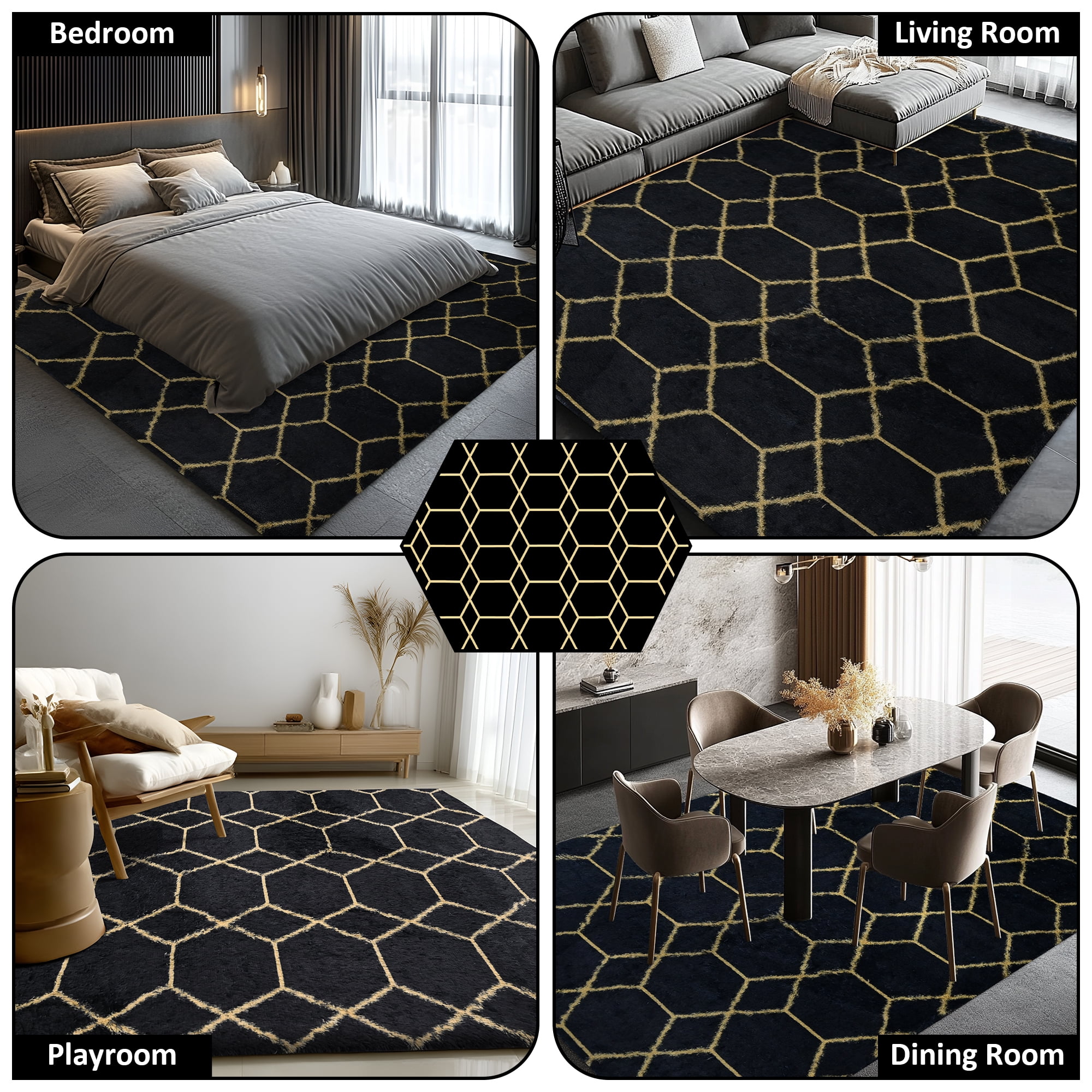Pentantan 5ft x 8ft Shag Area Rugs for Living Room, Modern Geometric Fluffy Bedroom Carpet, Black & Gold