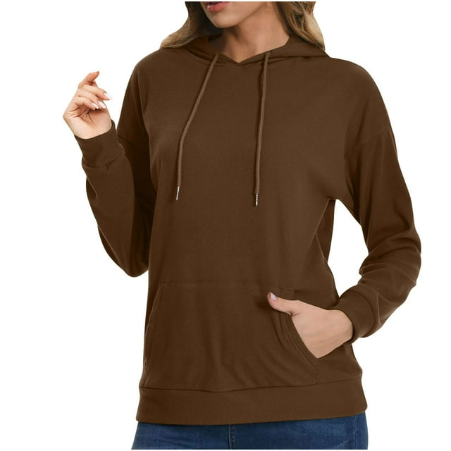Swstbby Liquidation d'Automne! Hauts d'Automne pour Femmes Grande Taille, Chandail à Capuche à Manches Longues Col Rond Couleur Unie Café L