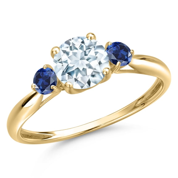 Gem Stone King 10K Yellow Gold Sky Blue Aquamarine and Blue Created Sapphire 3-Stone Ring for Women | 1.03 Cttw | Round 6MM | Gemstone March Birthstone | Size 7