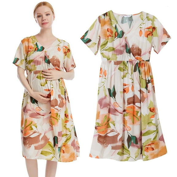 Lilgiuy Summer Maternity Dress for Women Pregnant Dress for Vocation Beach Floral V-neck Short Sleeve High Waist Swing Maxi Dress