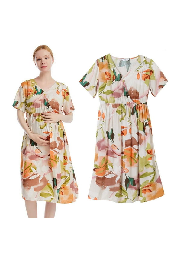 Summer Maternity Dress for Women Pregnant Dress for Vocation Beach Floral V-neck Short Sleeve High Waist Swing Maxi Dress
