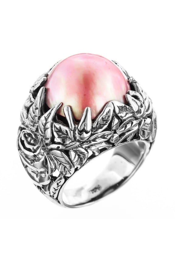 Bold South Pacific Pink Mabe Cultured Pearl Leaf Cradle 925 Sterling Silver Ring