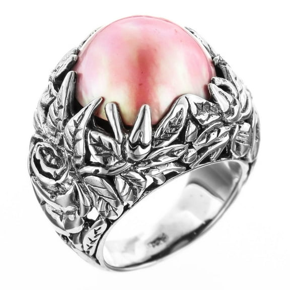 Bold South Pacific Pink Mabe Cultured Pearl Leaf Cradle 925 Sterling Silver Ring