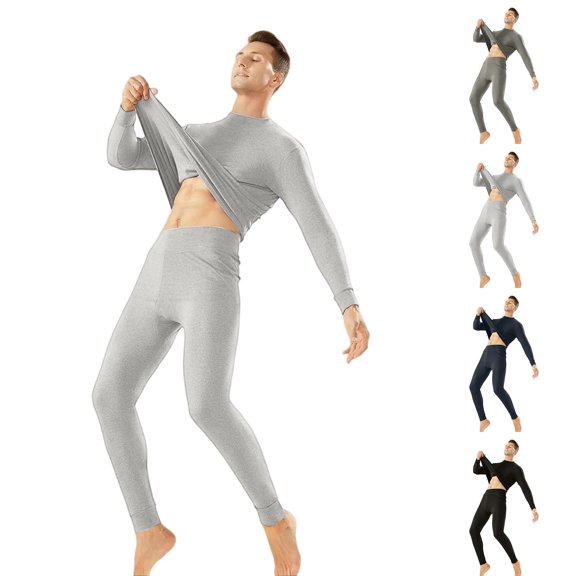 Men's Winter Thermal Underwear Set, Thin Base Layer Cotton Top and Pants, Warm and Soft Loungewear For Cold Weather Indoor Comfort,Black,L