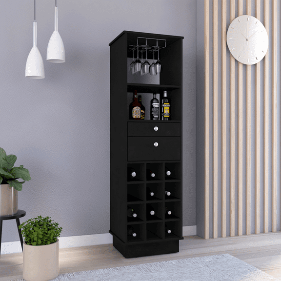 We Have Furniture Bar Cabinet Bureck, Two Drawers, Twelve Wine Cubbies, Black Wengue Finish